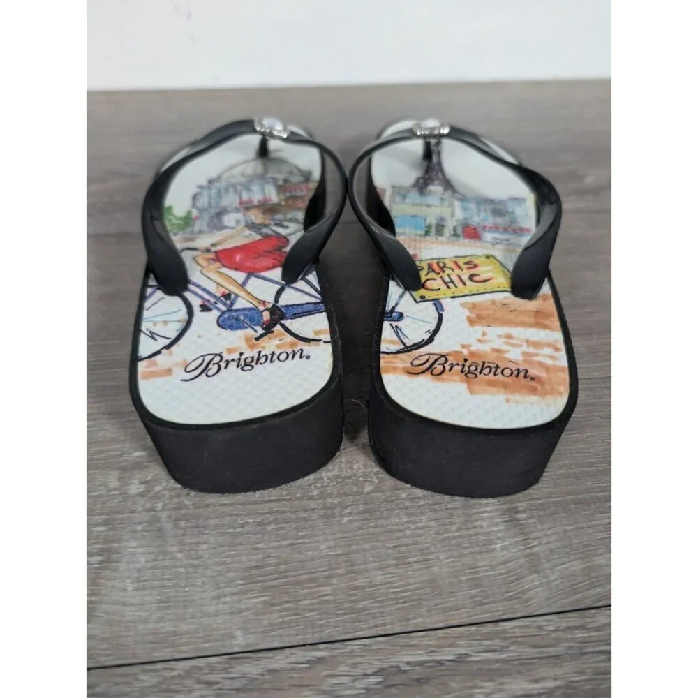 Brighton Women's Paris Chic Sandals Wedge Flip Flops Platform With Shoe Bag Sz 9
